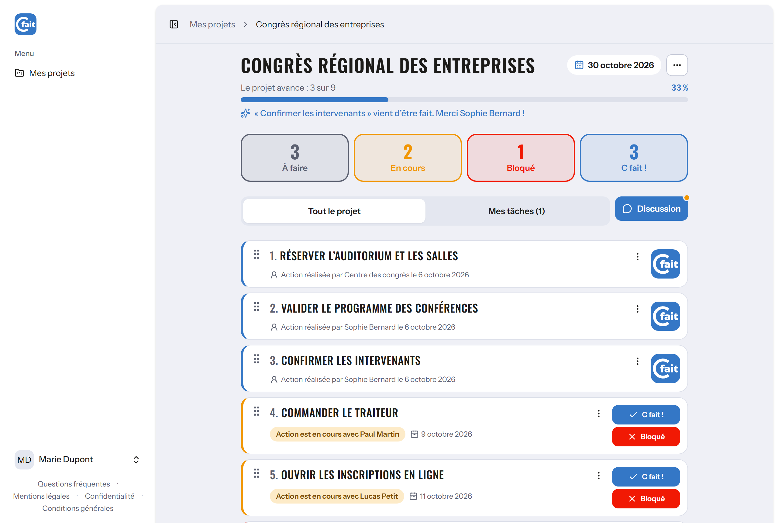 Un projet sur l’ordinateur : les actions, qui les fait, et où elles en sont.